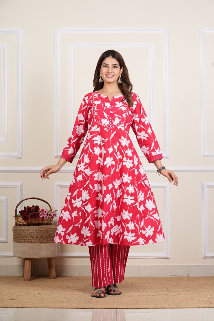 Yash Gallery Women's Cotton Ankle Length Notch Neck 3/4 Sleeves Floral Print Mirror Work Anarkali With Pant  And Duptta