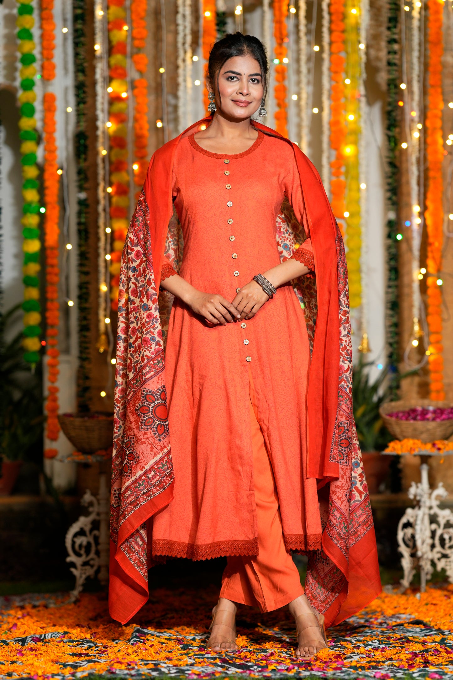 Yash Gallery Women’s Printed Rayon Kurta Set with Dupatta Flared A-Line Kurta, Round Neck, Front Button Detail (Orange)
