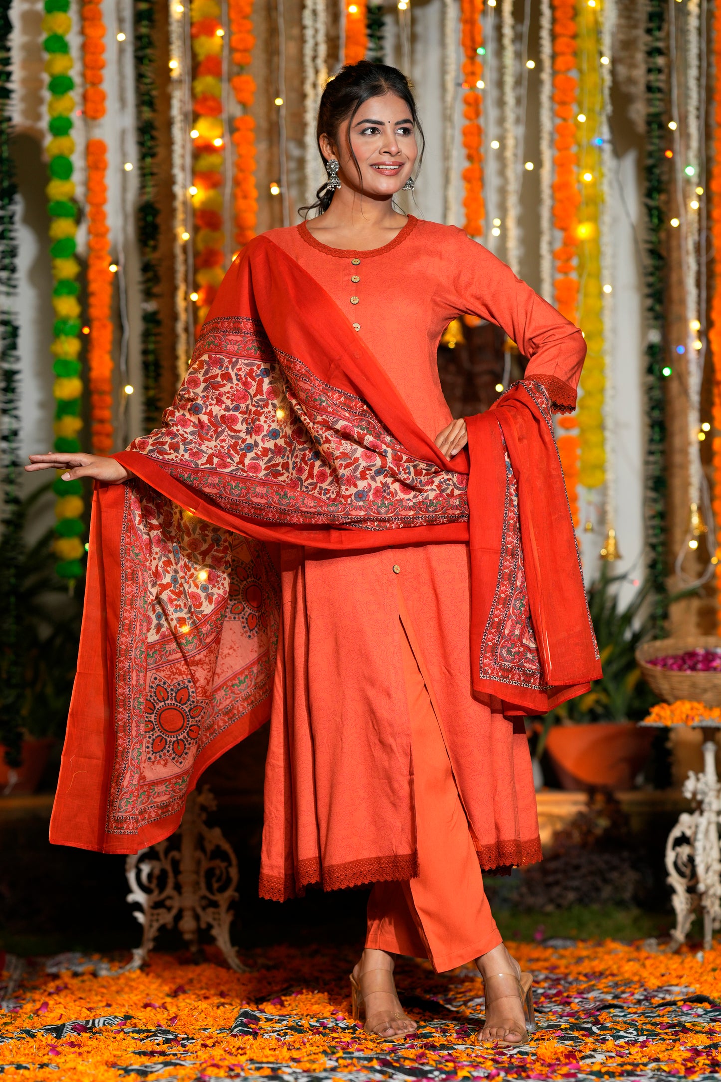 Yash Gallery Women’s Printed Rayon Kurta Set with Dupatta Flared A-Line Kurta, Round Neck, Front Button Detail (Orange)