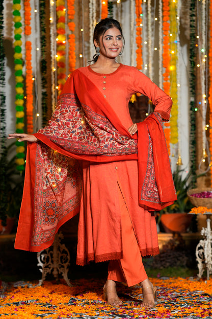 Yash Gallery Women’s Printed Rayon Kurta Set with Dupatta Flared A-Line Kurta, Round Neck, Front Button Detail (Orange)