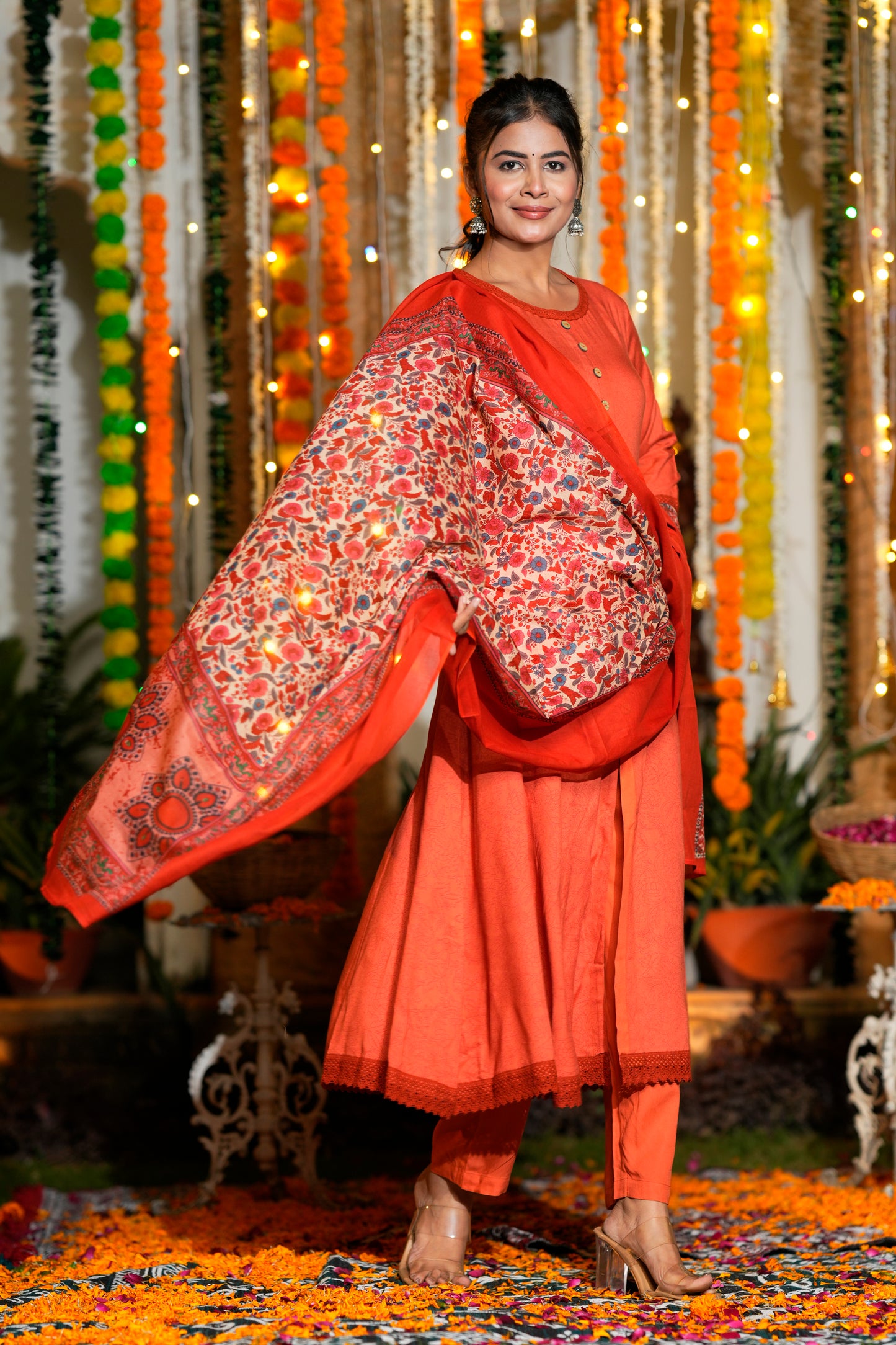 Yash Gallery Women’s Printed Rayon Kurta Set with Dupatta Flared A-Line Kurta, Round Neck, Front Button Detail (Orange)