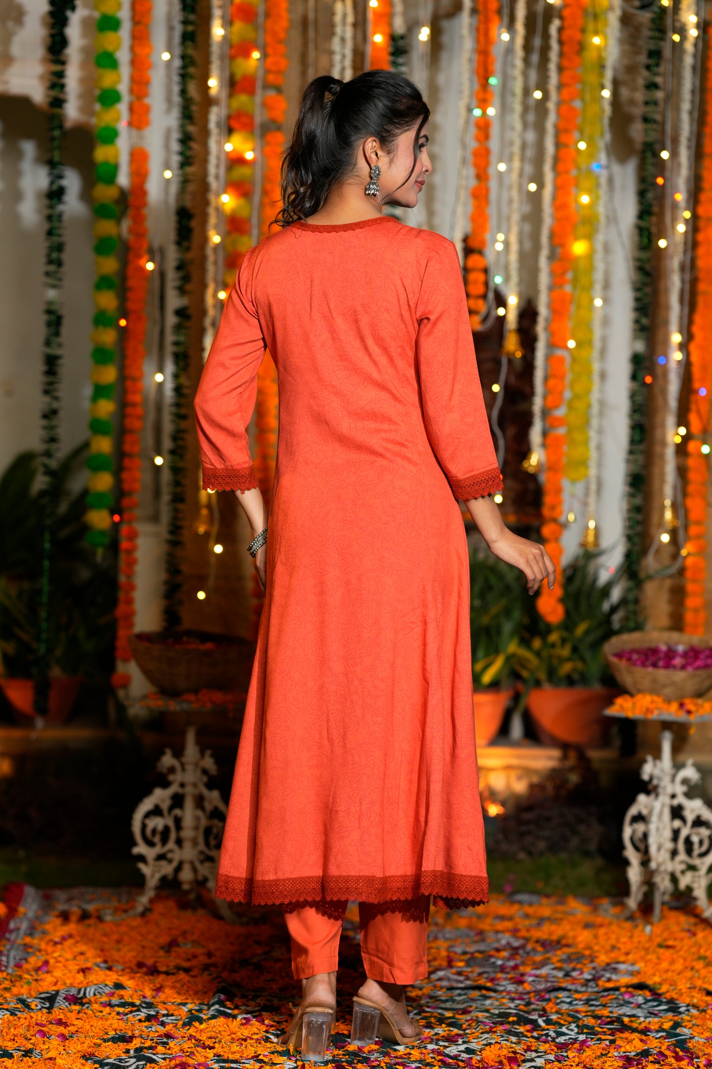 Yash Gallery Women’s Printed Rayon Kurta Set with Dupatta Flared A-Line Kurta, Round Neck, Front Button Detail (Orange)