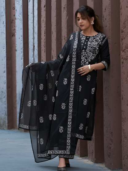 Yash Gallery Women’s Rayon Kurta Printed Chikankari Motifs with Dupatta and Plazzo , Round Neck, 3/4 Sleeves (Black)
