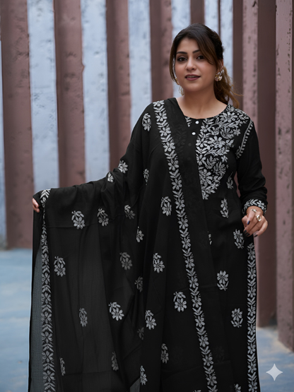 Yash Gallery Women’s Rayon Kurta Printed Chikankari Motifs with Dupatta and Plazzo , Round Neck, 3/4 Sleeves (Black)