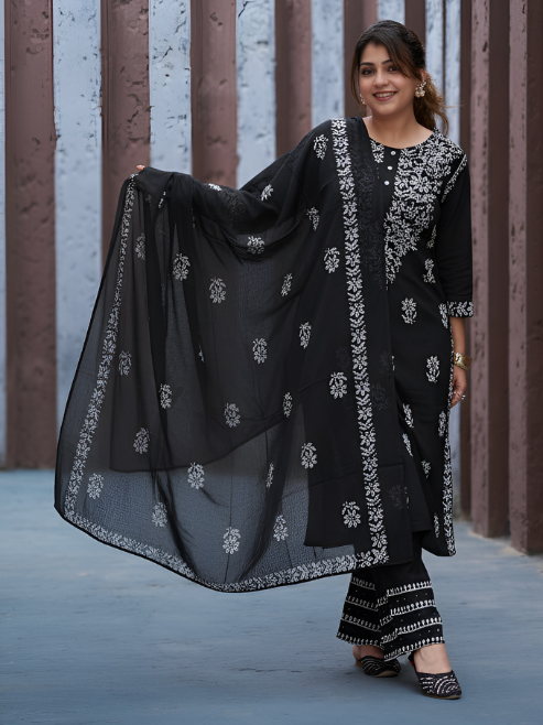 Yash Gallery Women’s Rayon Kurta Printed Chikankari Motifs with Dupatta and Plazzo , Round Neck, 3/4 Sleeves (Black)