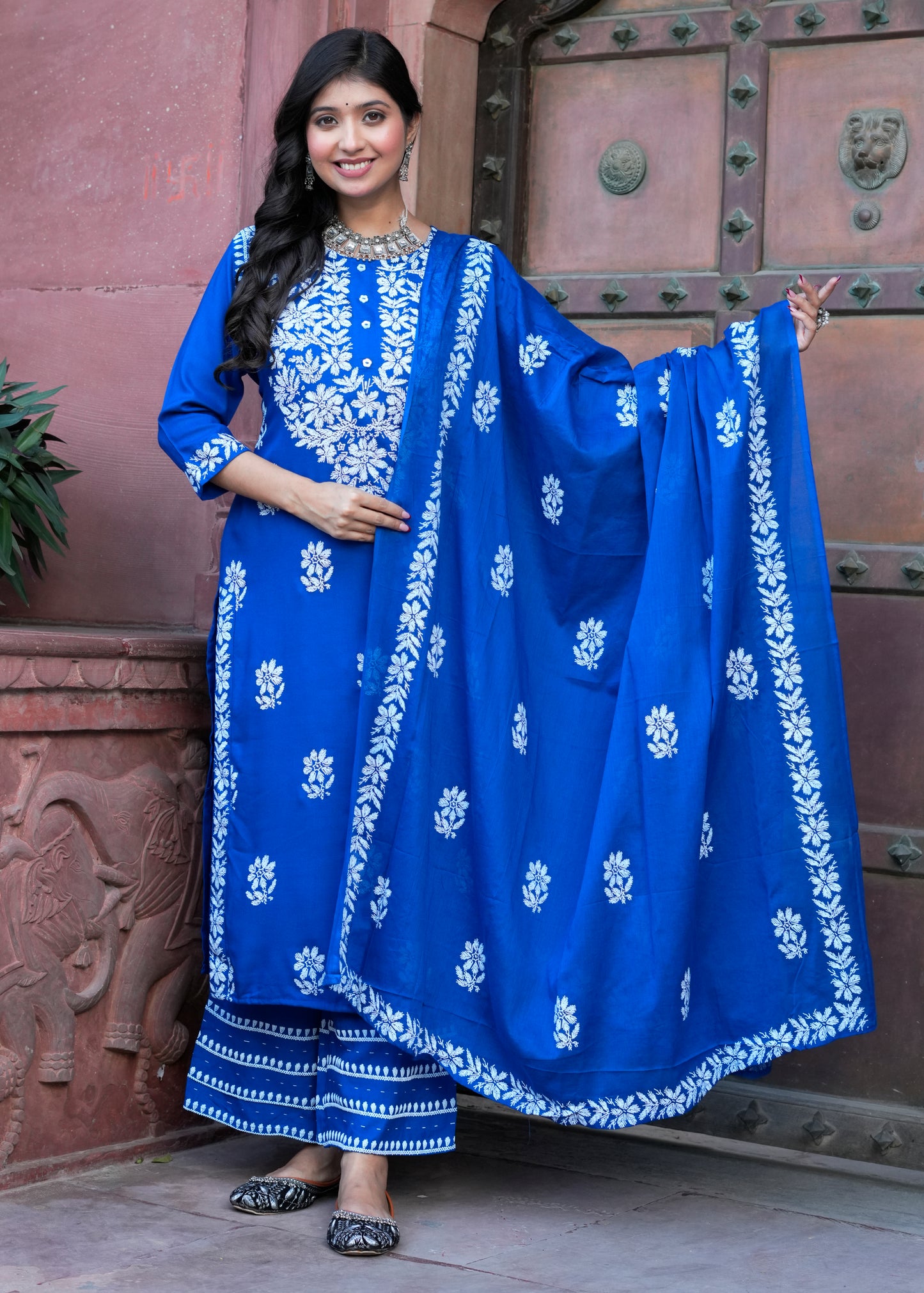 Yash Gallery Women’s Rayon Kurta Printed Chikankari Motifs with Dupatta and Plazzo , Round Neck, 3/4 Sleeves (Blue)