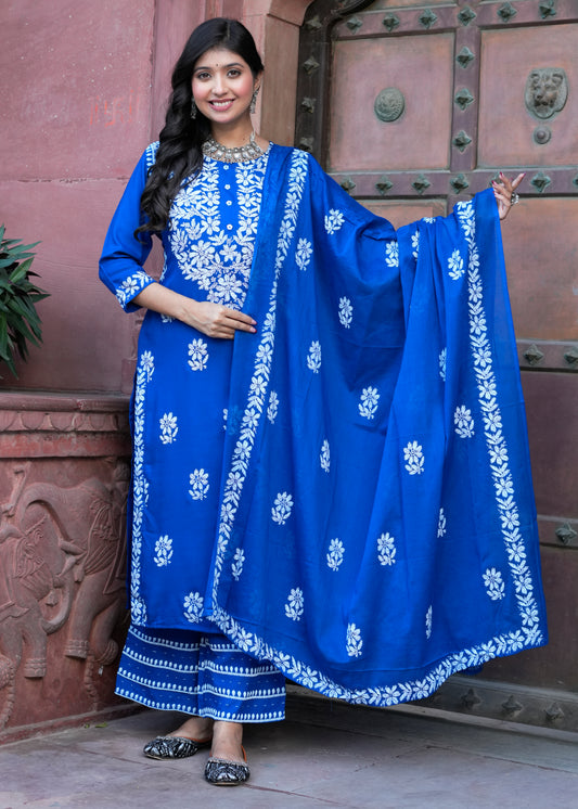 Yash Gallery Women’s Rayon Kurta Printed Chikankari Motifs with Dupatta and Plazzo , Round Neck, 3/4 Sleeves (Blue)