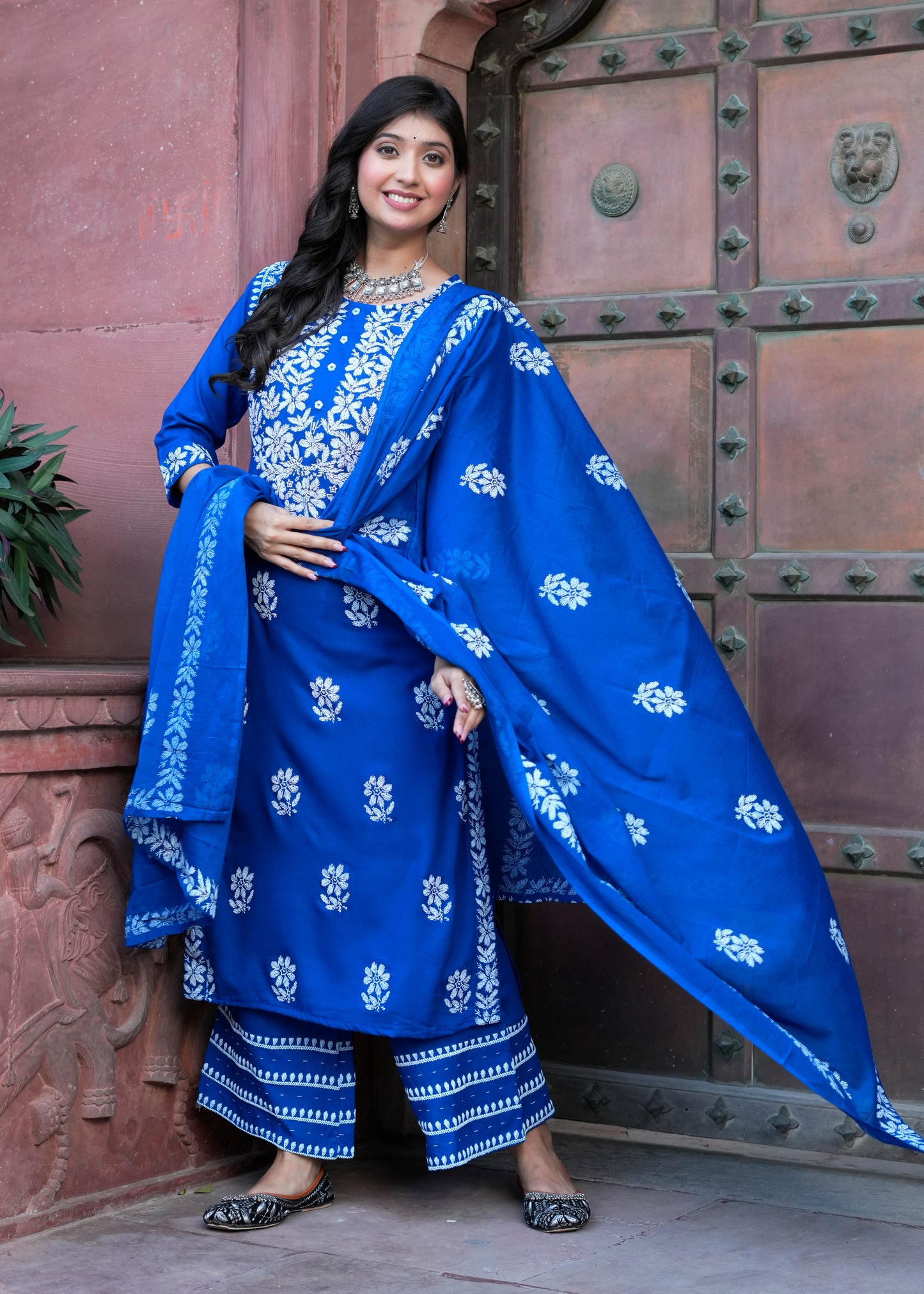 Yash Gallery Women’s Rayon Kurta Printed Chikankari Motifs with Dupatta and Plazzo , Round Neck, 3/4 Sleeves (Blue)