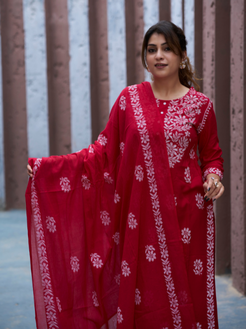 Yash Gallery Women’s Rayon Kurta Printed Chikankari Motifs with Dupatta and Plazzo , Round Neck, 3/4 Sleeves (Red)