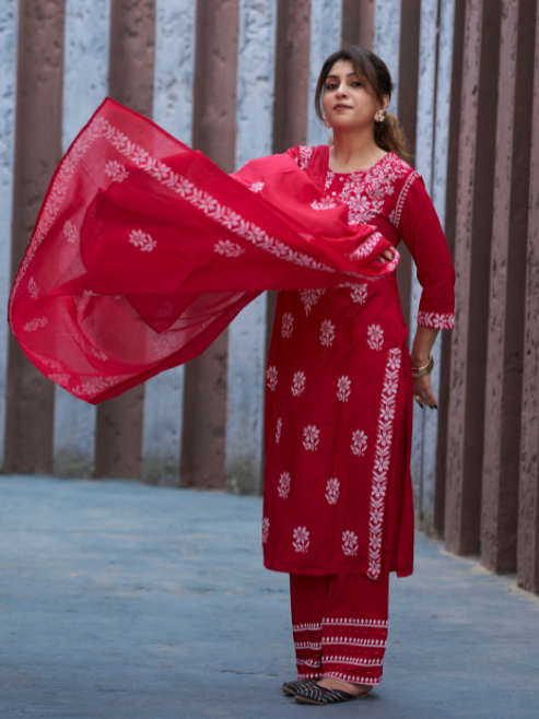 Yash Gallery Women’s Rayon Kurta Printed Chikankari Motifs with Dupatta and Plazzo , Round Neck, 3/4 Sleeves (Red)
