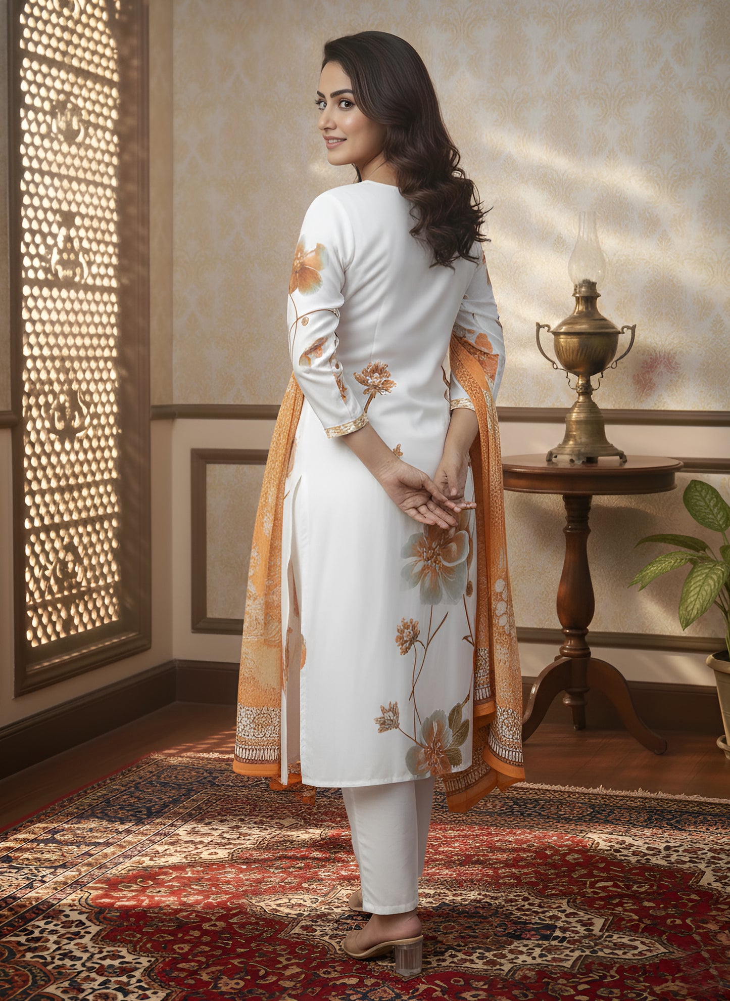 Yash Gallery Women’s Muslin Fabric Printed Straight Kurta with Matching Dupatta (White)