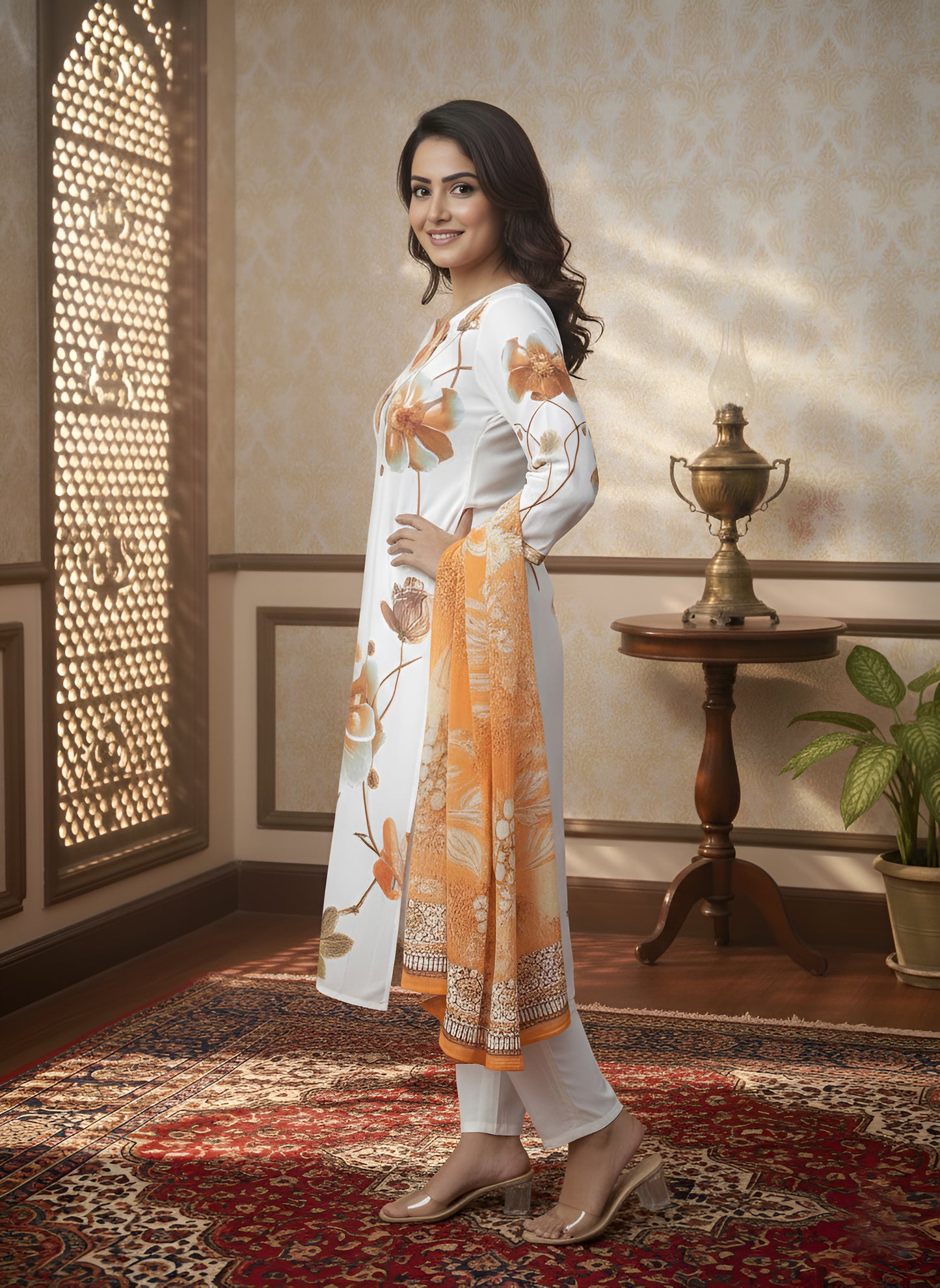 Yash Gallery Women’s Muslin Fabric Printed Straight Kurta with Matching Dupatta (White)