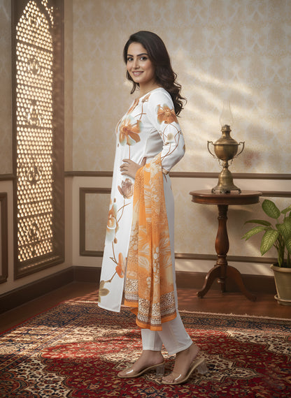 Yash Gallery Women’s Muslin Fabric Printed Straight Kurta with Matching Dupatta (White)