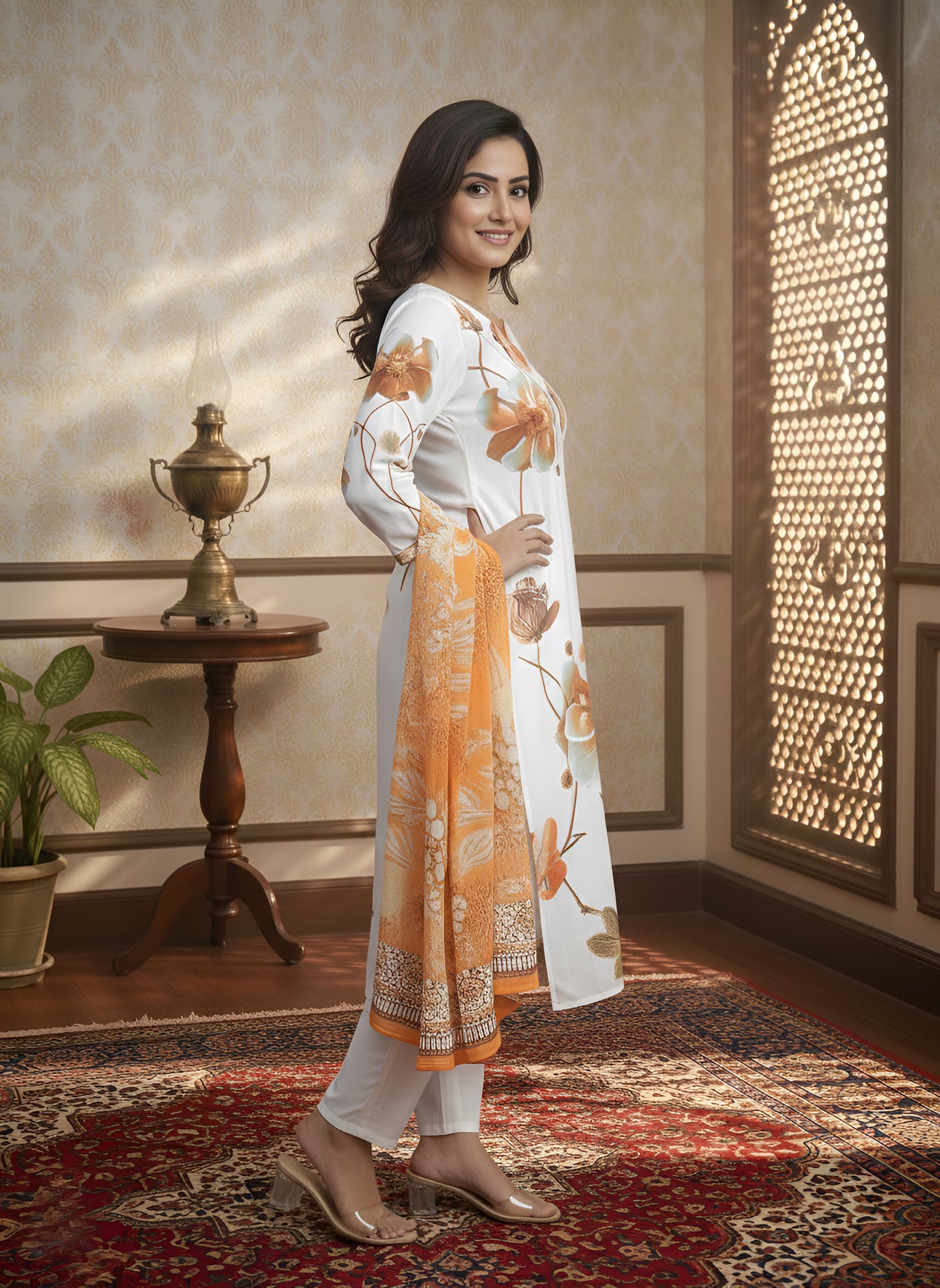 Yash Gallery Women’s Muslin Fabric Printed Straight Kurta with Matching Dupatta (White)