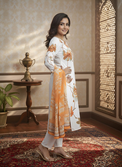 Yash Gallery Women’s Muslin Fabric Printed Straight Kurta with Matching Dupatta (White)