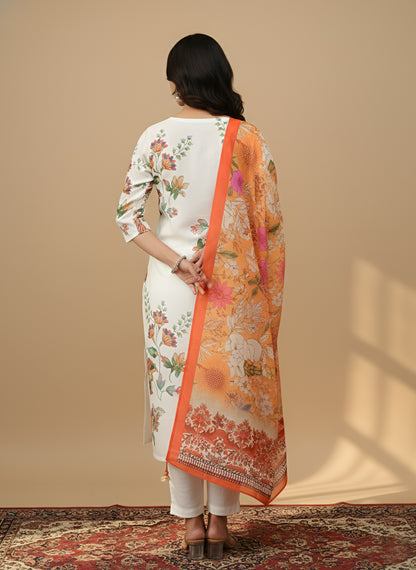 Yash Gallery Women’s Muslin Fabric Printed Straight Kurta with Matching Dupatta