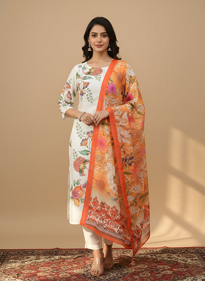 Yash Gallery Women’s Muslin Fabric Printed Straight Kurta with Matching Dupatta