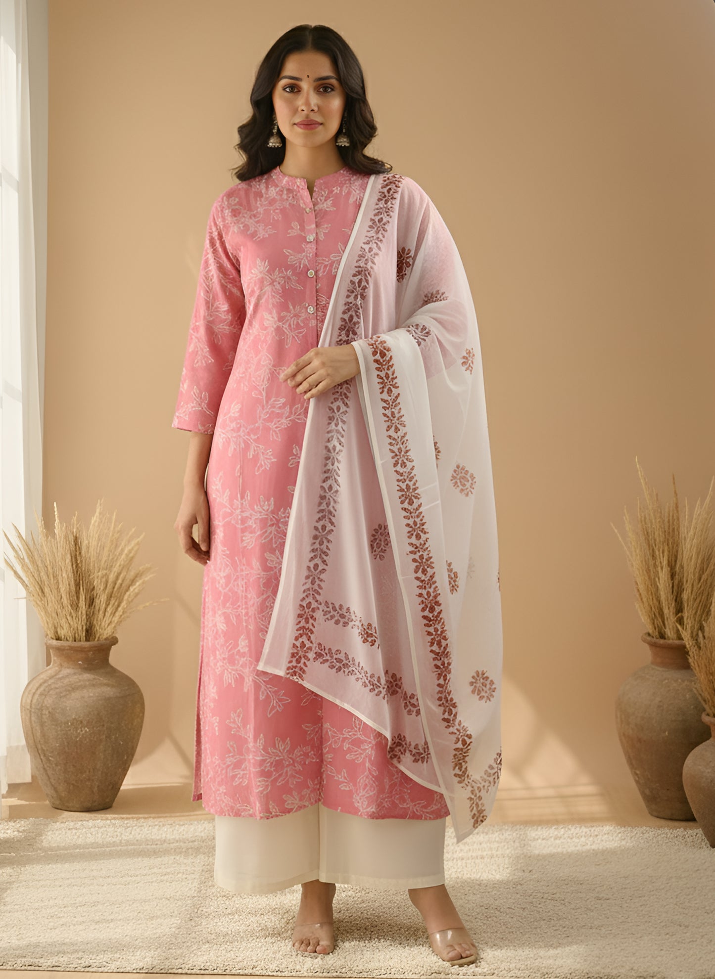 Yash Gallery Women's Black Floral Printed Cotton Kurta Set with Matching Dupatta & Printed Palazzo