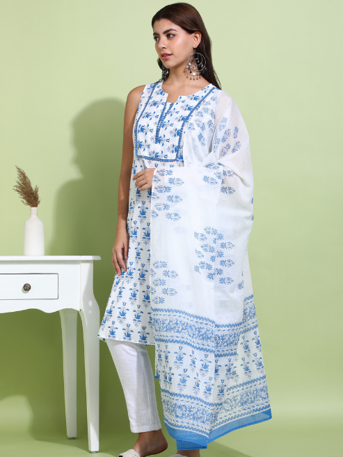 Yash Gallery Women’s Cotton Printed Sleeveless Straight Kurti with Pants and Dupatta (Blue)