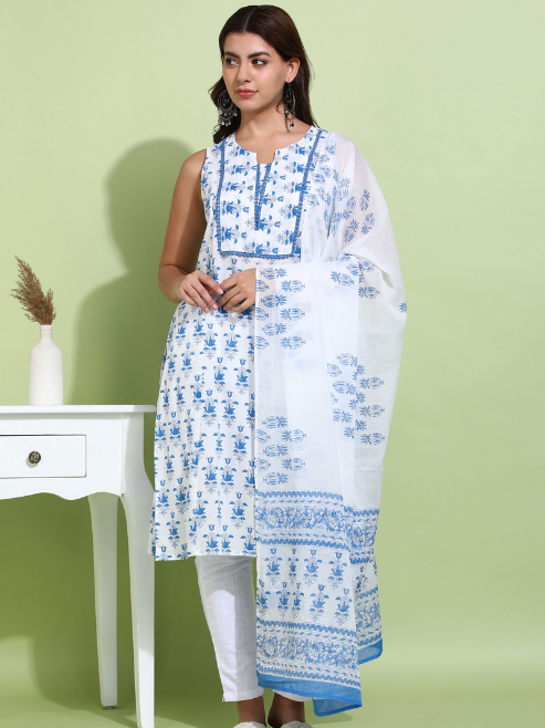 Yash Gallery Women’s Cotton Printed Sleeveless Straight Kurti with Pants and Dupatta (Blue)