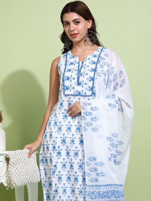 Yash Gallery Women’s Cotton Printed Sleeveless Straight Kurti with Pants and Dupatta (Blue)
