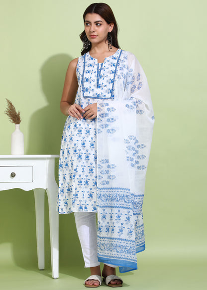 Yash Gallery Women’s Cotton Printed Sleeveless Straight Kurti with Pants and Dupatta (Blue)