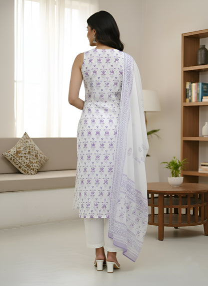 Yash Gallery Women's Cotton Straight Kurta Sleeveless Floral Print  With Pant And Duptta (Purple)