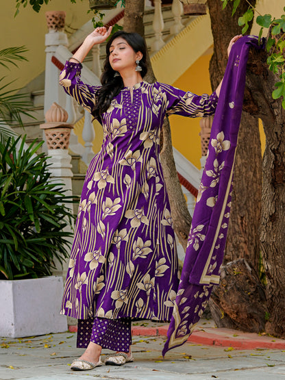 Yash Gallery Women’s Pure Cotton Purple A-Line Botanical Print Kurta Palazzo Dupatta Set (Purple)