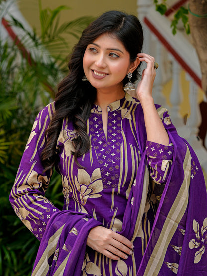 Yash Gallery Women’s Pure Cotton Purple A-Line Botanical Print Kurta Palazzo Dupatta Set (Purple)