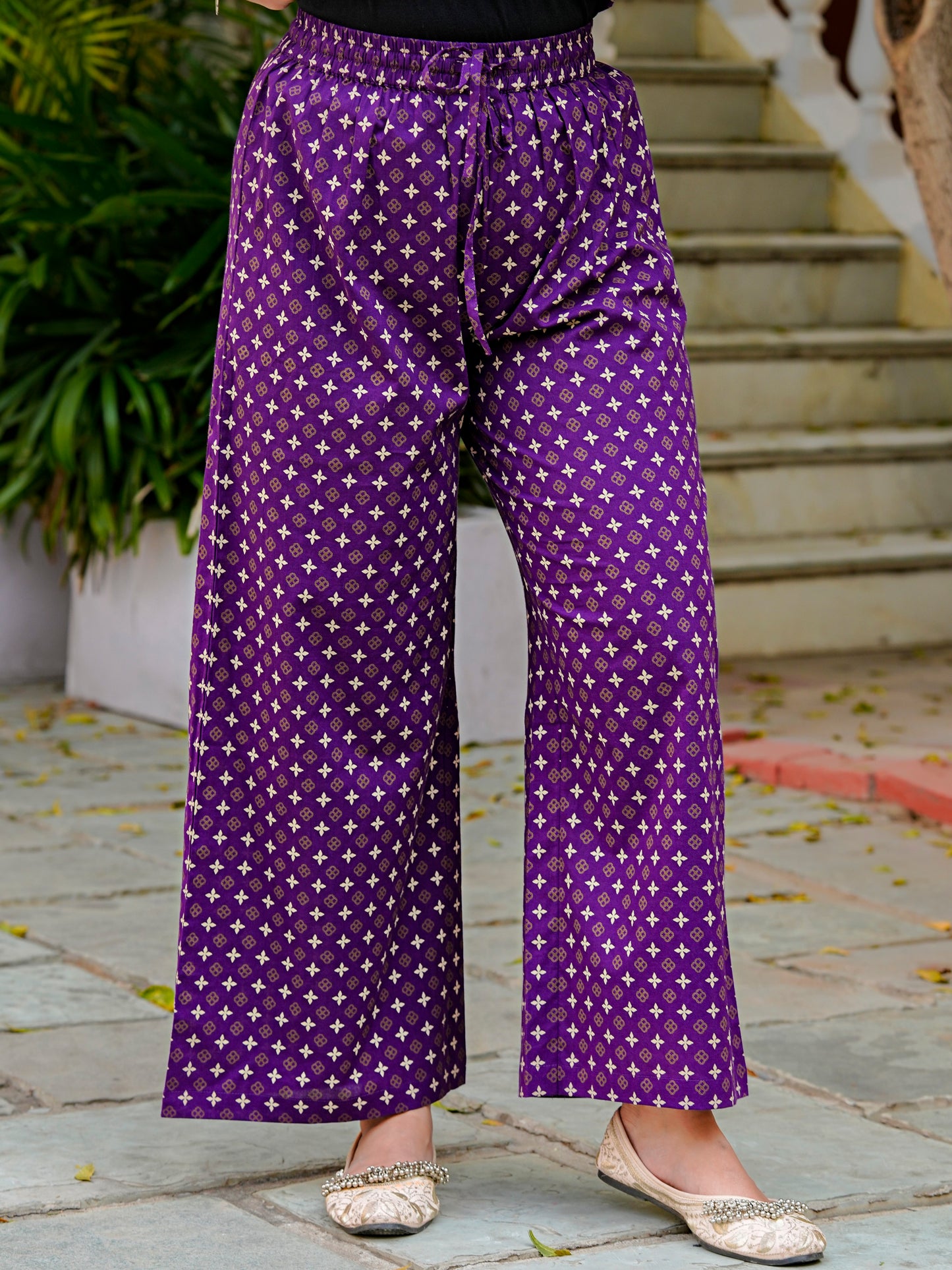 Yash Gallery Women’s Pure Cotton Purple A-Line Botanical Print Kurta Palazzo Dupatta Set (Purple)