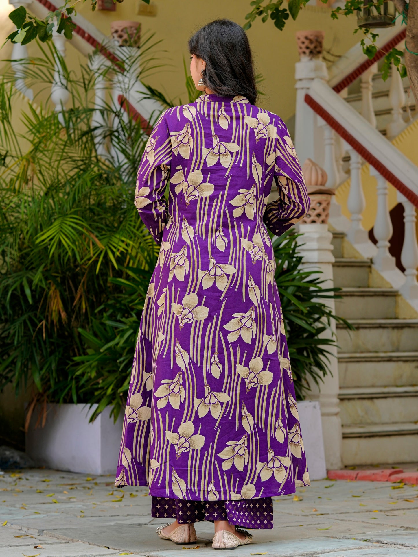 Yash Gallery Women’s Pure Cotton Purple A-Line Botanical Print Kurta Palazzo Dupatta Set (Purple)
