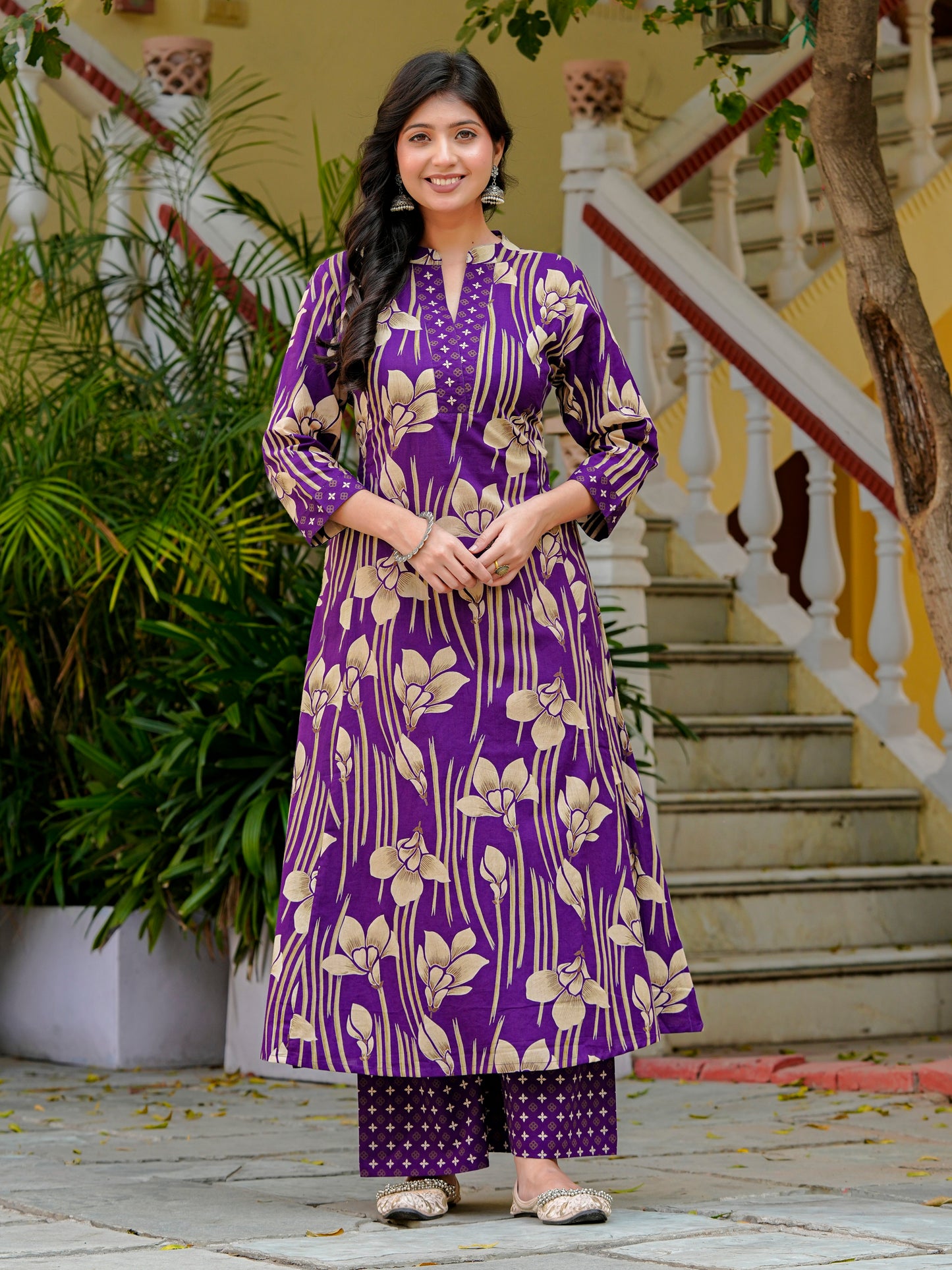 Yash Gallery Women’s Pure Cotton Purple A-Line Botanical Print Kurta Palazzo Dupatta Set (Purple)