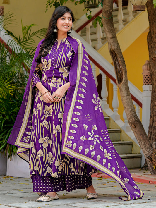 Yash Gallery Women’s Pure Cotton Purple A-Line Botanical Print Kurta Palazzo Dupatta Set (Purple)