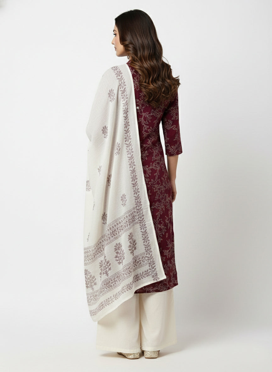 Yash Gallery Women's Black Floral Printed Cotton Kurta Set with Matching Dupatta & Printed Palazzo