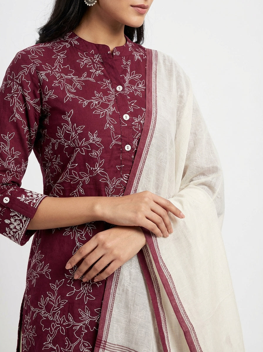 Yash Gallery Women's Black Floral Printed Cotton Kurta Set with Matching Dupatta & Printed Palazzo