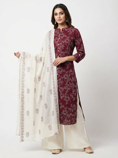 Yash Gallery Women's Black Floral Printed Cotton Kurta Set with Matching Dupatta & Printed Palazzo