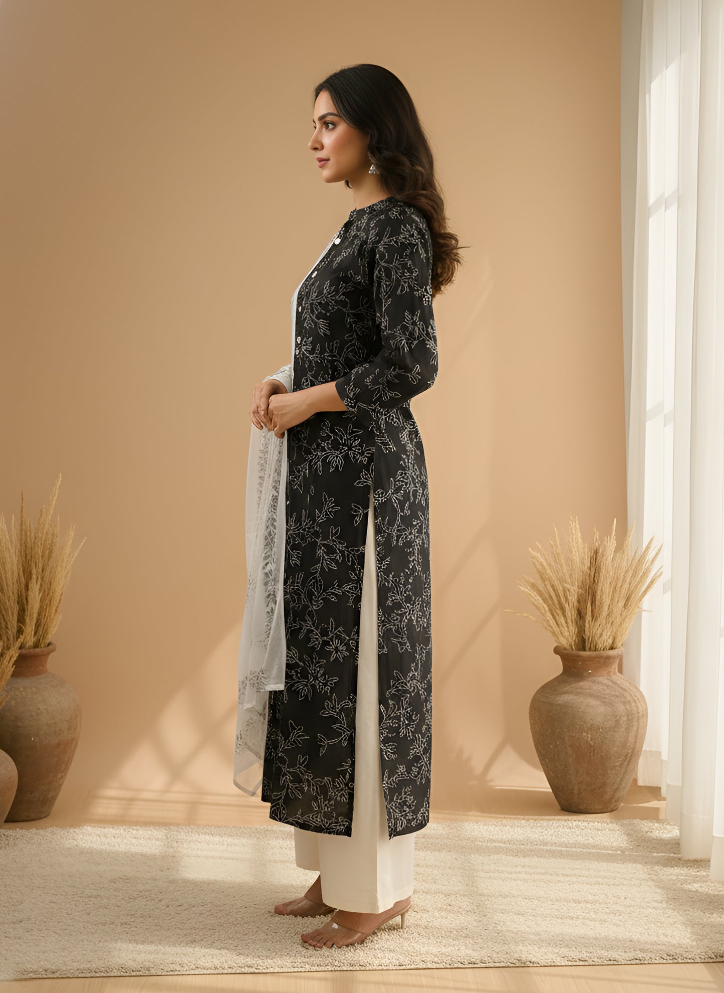 Yash Gallery Women's Black Floral Printed Cotton Kurta Set with Matching Dupatta & Printed Palazzo