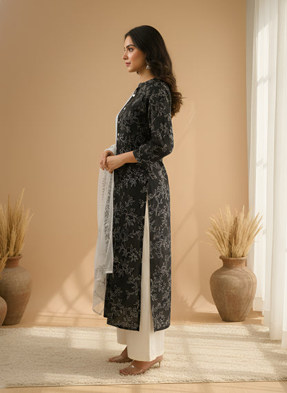 Yash Gallery Women's Black Floral Printed Cotton Kurta Set with Matching Dupatta & Printed Palazzo