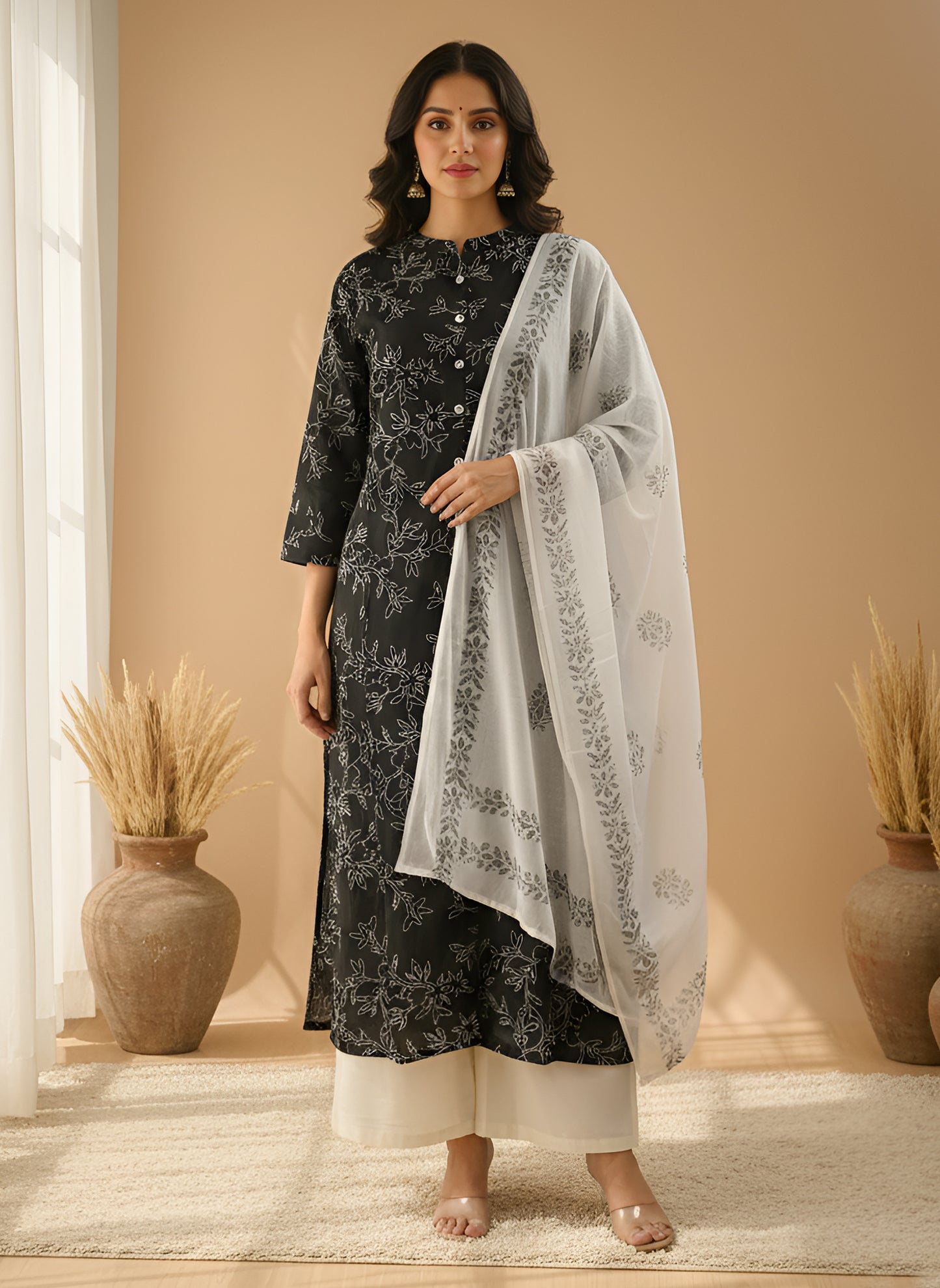 Yash Gallery Women's Black Floral Printed Cotton Kurta Set with Matching Dupatta & Printed Palazzo