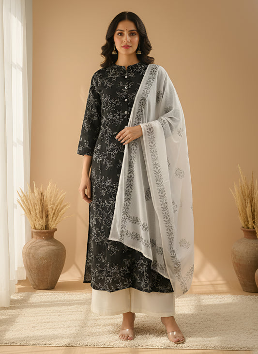 Yash Gallery Women's Black Floral Printed Cotton Kurta Set with Matching Dupatta & Printed Palazzo