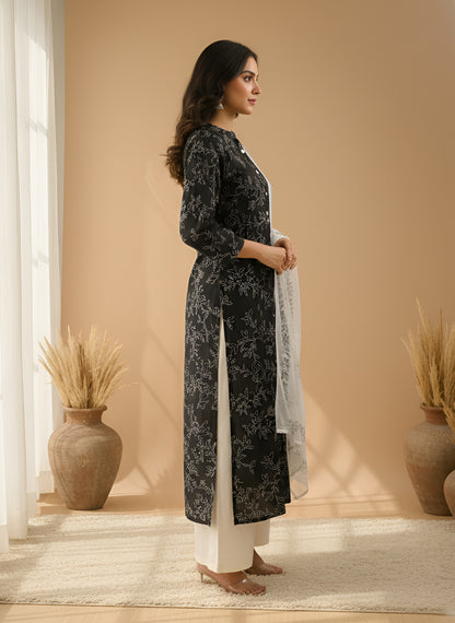 Yash Gallery Women's Black Floral Printed Cotton Kurta Set with Matching Dupatta & Printed Palazzo