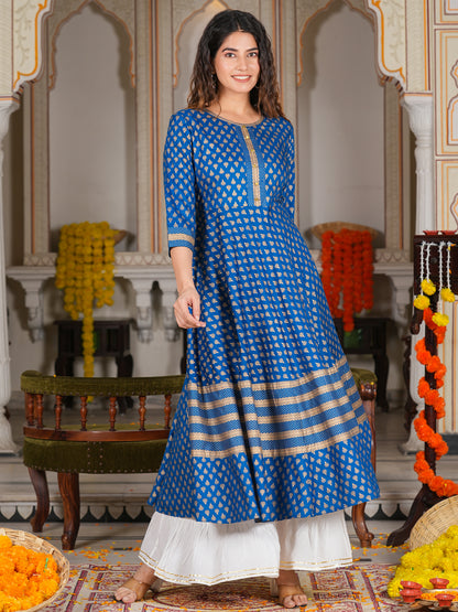 women rayon golden buti printed anarkali kurta blue