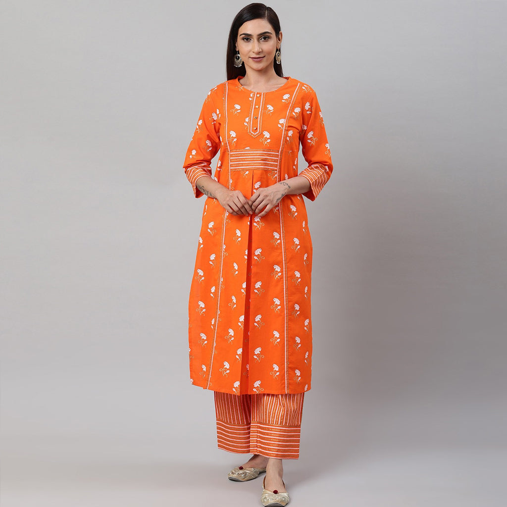 YASH GALLERY Women's Cotton Floral & Stripe Straight Kurta & Palazzo Set (Orange)