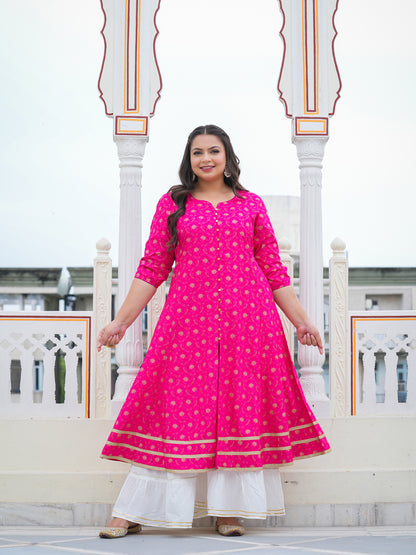 Yash Gallery Gold printed Pink Anarakali Kurta