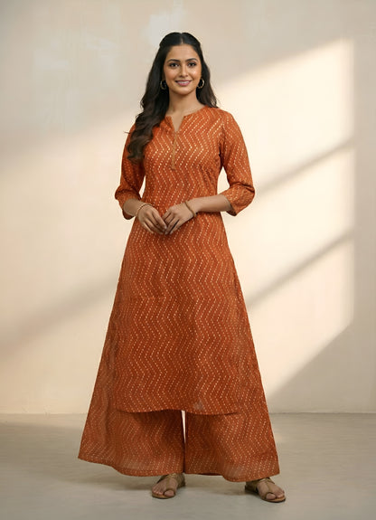 Yash Gallery Women's Geometric Print Rayon Staple Kurta Pant with Dupatta Set (Orange)