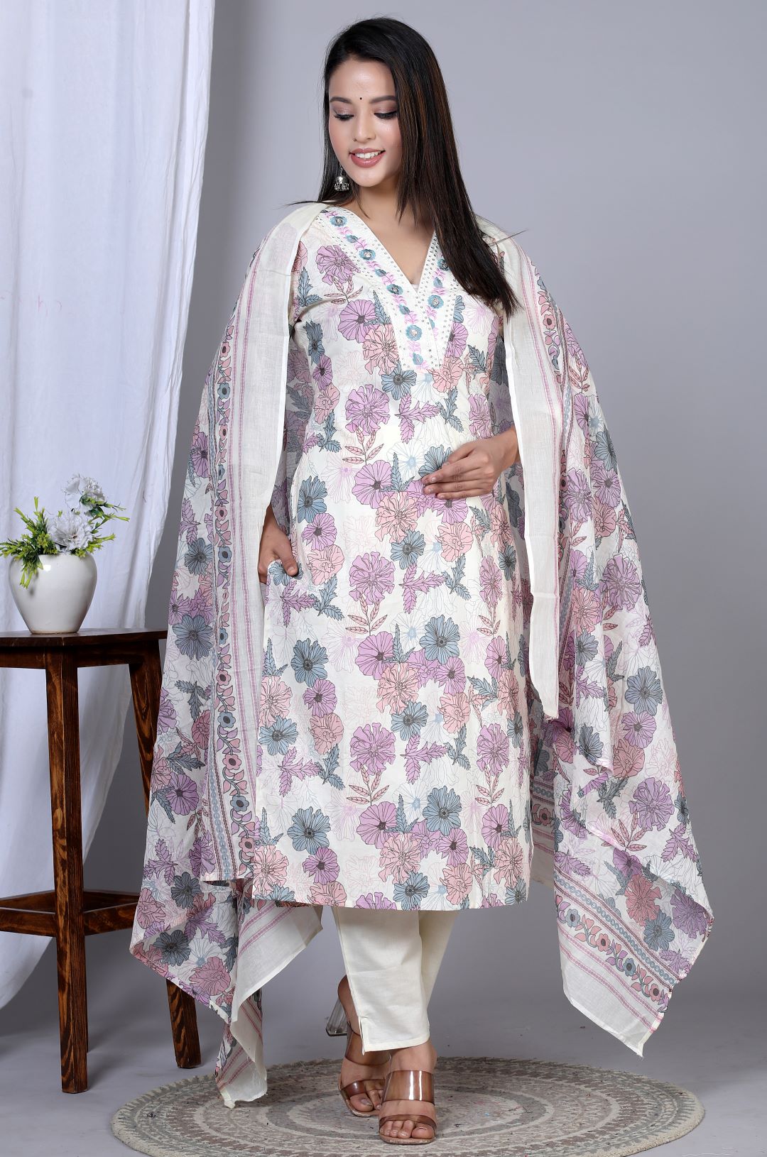 Yash Gallery Women's Floral Printed Embroidered Kurta with Pant & Dupatta Set