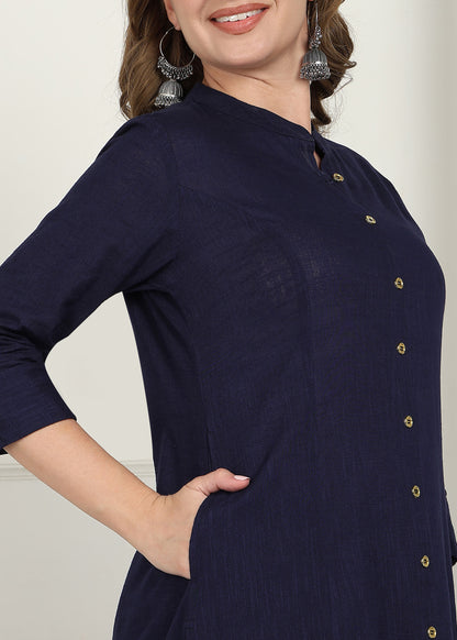 Women's Cotton Slub Solid Straight Kurta with Patchwork Print Palazzo Set (Maroon)