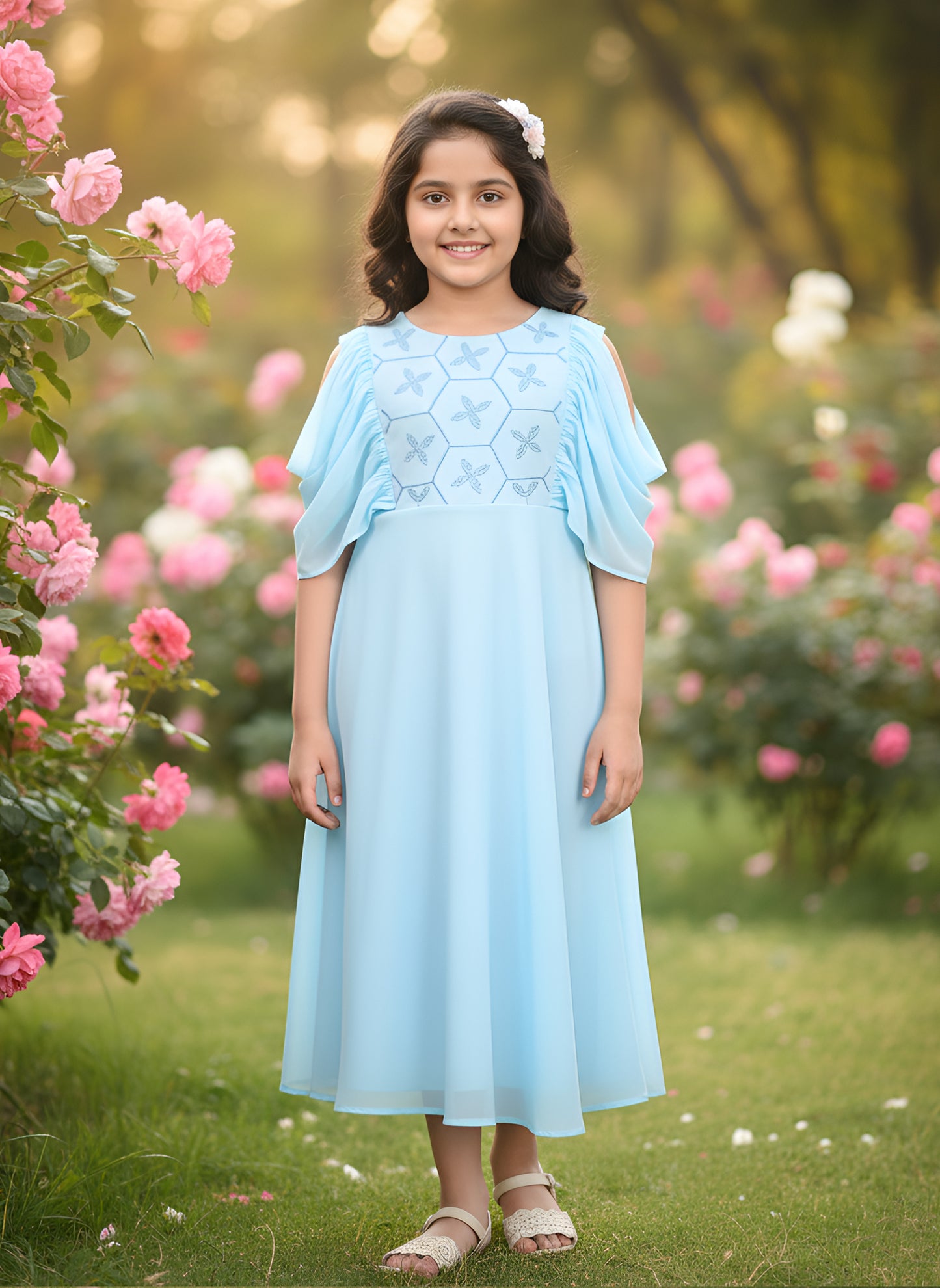 Yash Gallery Kids Georgette Floral Embroidered Anarkali Dress (SkyBlue)