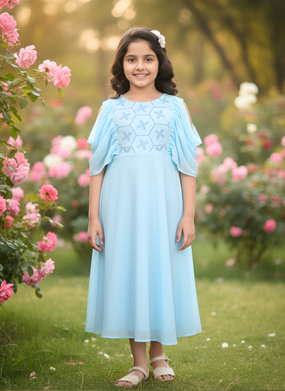 Yash Gallery Kids Georgette Floral Embroidered Anarkali Dress (SkyBlue)