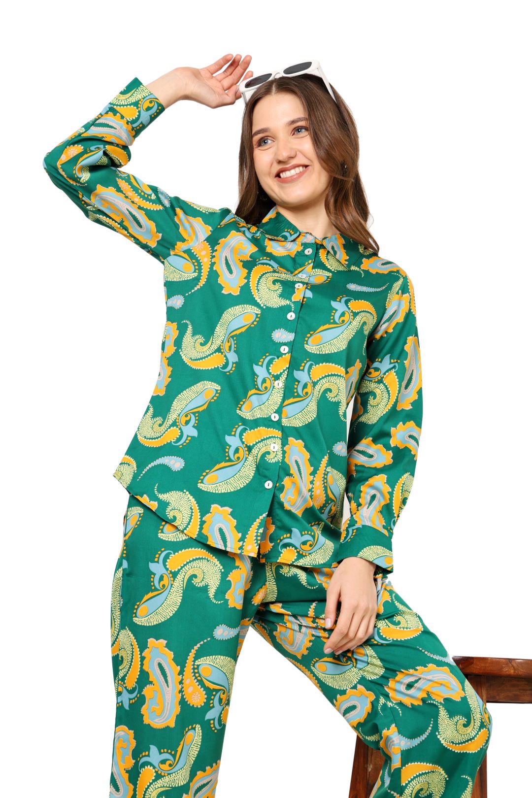 YASH GALLERY Women's Buta Printed Co-ord Set(Green)